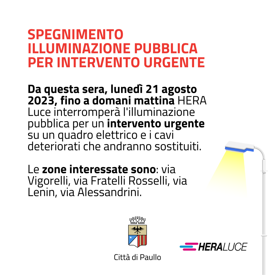 Interruzione illuminazione pubblica in alcune vie per intervento urgente