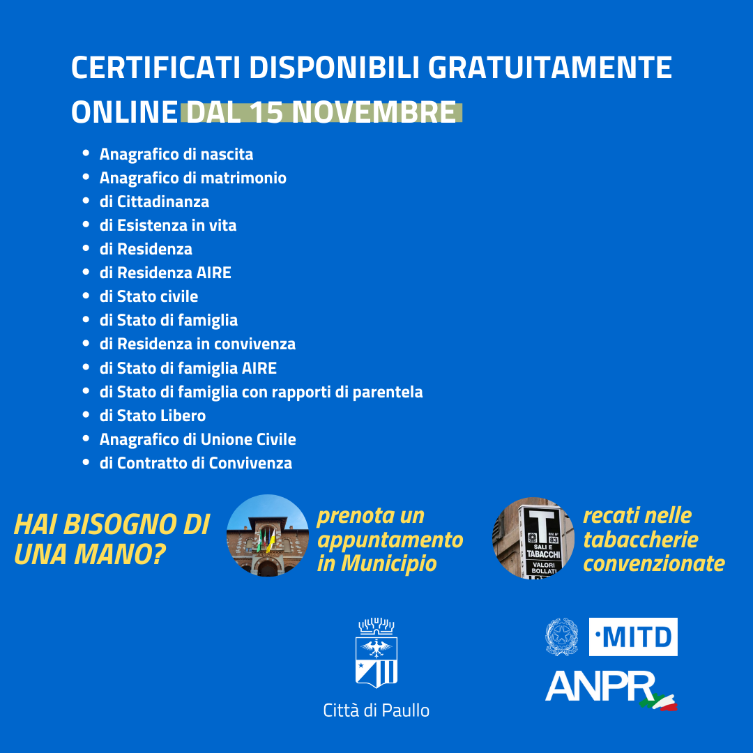 Certificati anagrafici digitali e gratuiti