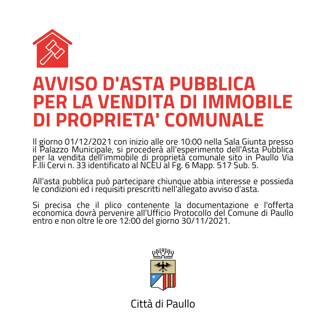 Asta pubblica per la vendita di immobile di proprietà comunale