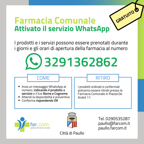 Farmacia Comunale: attivato il servizio WhatsApp